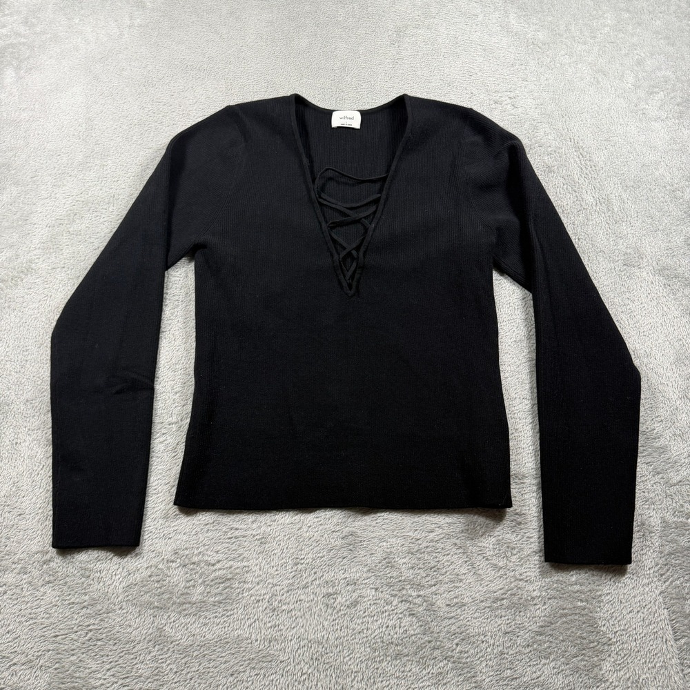 Aritzia Wilfred Tether Sweater Women Large Black Lace Up Ribbed Knit Long Sleeve